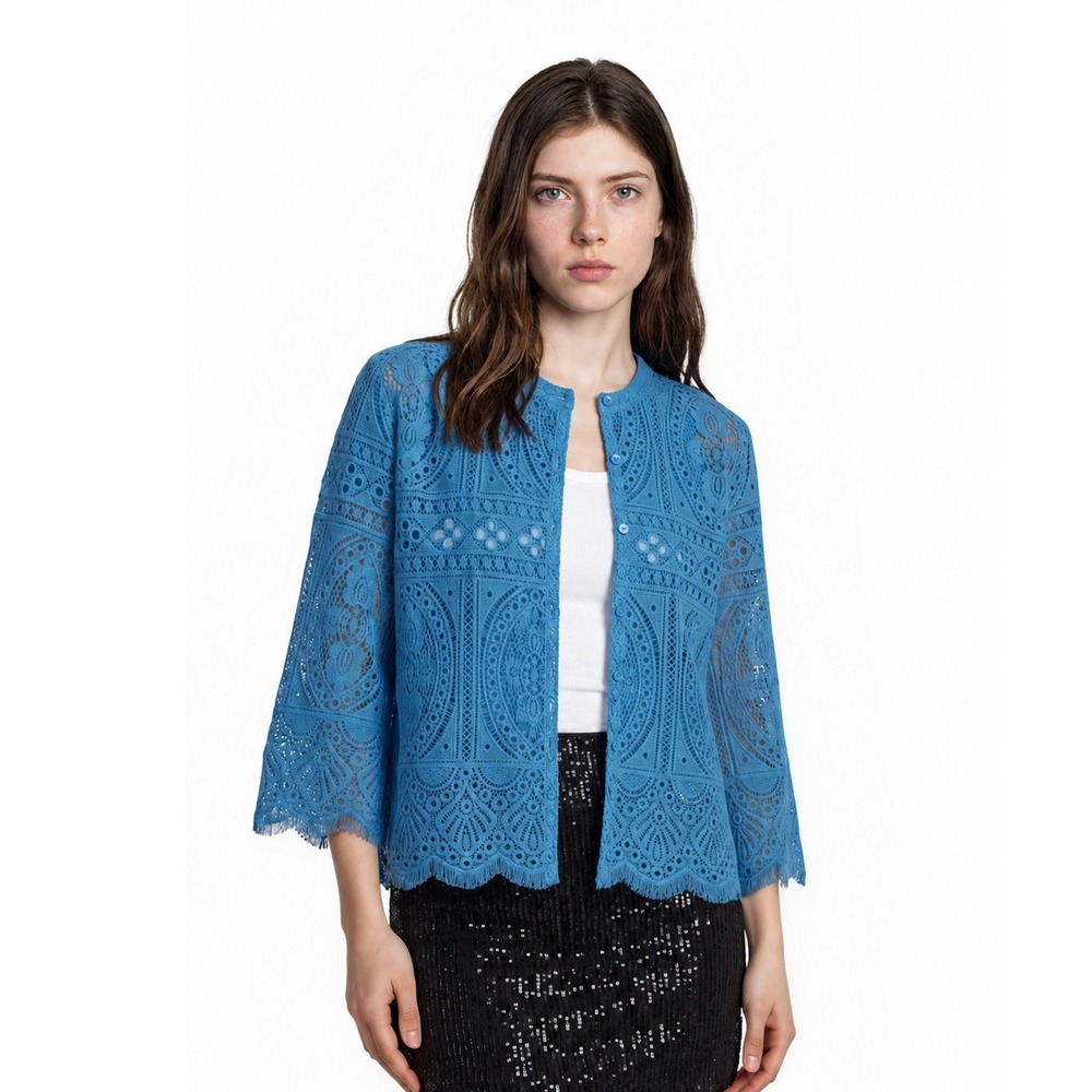 Ruby Rd Blue Eyelet Jacket Women's Size Small Turquoise Blue Lace Scalloped Trim